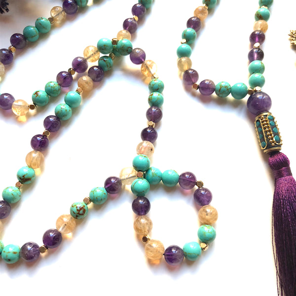 Aria Mala Atelier's unique one-of-a-kind Turquoise, Amethyst, Citrine Japa/Meditation Mala with Nepal guru bead is for yoga meditation empowering spiritual daily practise and intention setting