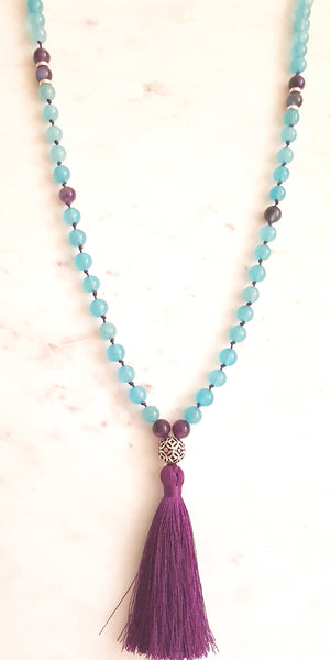 Aria Mala Atelier's unique one-of-a-kind Turquoise Jade, Purple Agate gemstone meditation japa mala is for yoga meditation empowering spiritual daily practise and intention setting