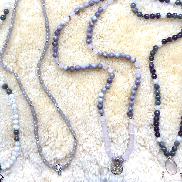 Lepidolite Beads, 108 Mala, Matte Rose Quartz Mala Necklace, Tree of Life Charm