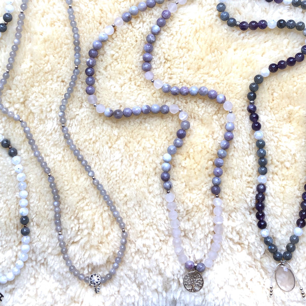 Gray Moonstone Beads, 108 Mala, Mala Necklace, Silver Dream Catcher Charm
