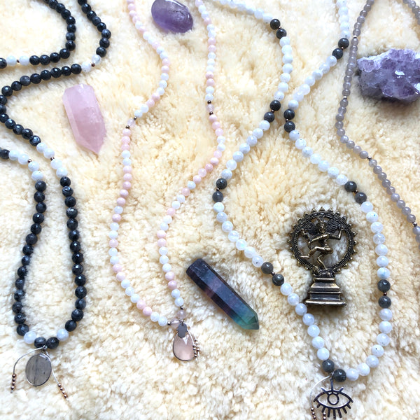 Morganite Beads, 108 Mala, White Moonstone Mala Necklace, Rose Quartz Charm