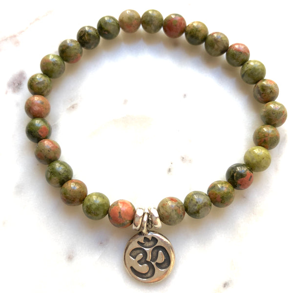 Aria Mala Atelier's unique one-of-a-kind Unakite yoga bracelet with OM charm for spiritual living