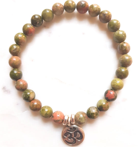 Knotted Unakite, Sterling Silver Yin&Yang Charm Japa/Meditation Mala