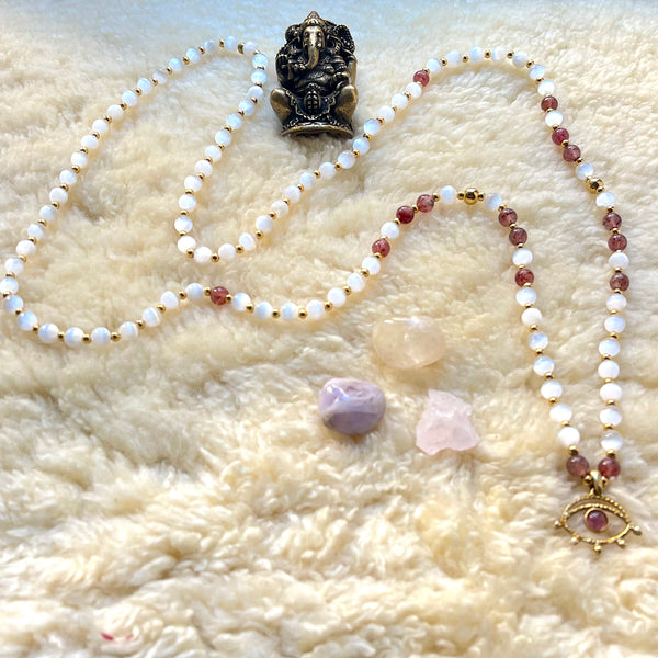 Celestial Bloom Mala: Selenite, Strawberry Quartz