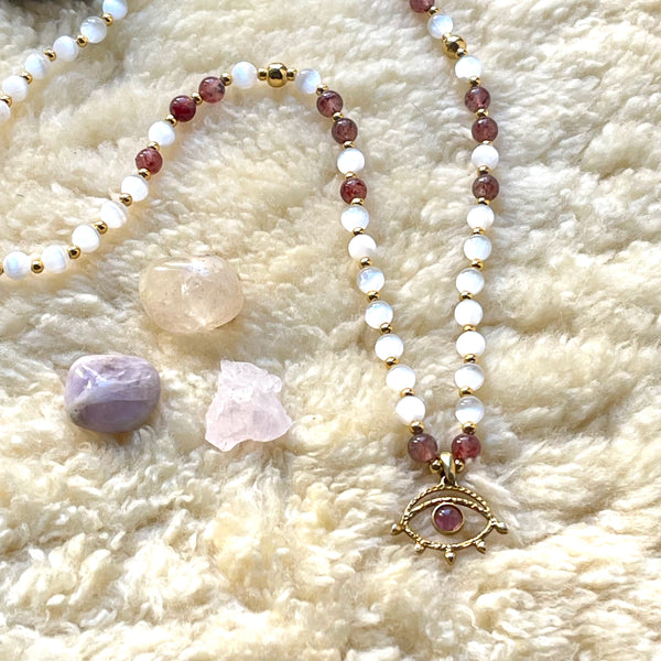 Celestial Bloom Mala: Selenite, Strawberry Quartz