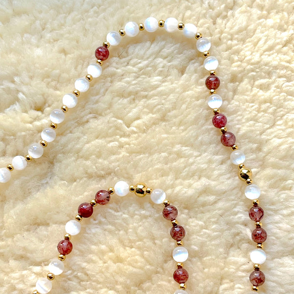 Celestial Bloom Mala: Selenite, Strawberry Quartz