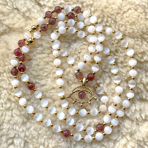 Celestial Bloom Mala: Selenite, Strawberry Quartz