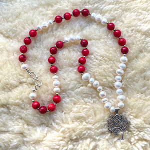 Crimson Serenity Mala: Pearl, Red Coral