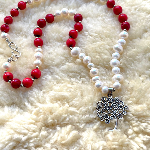 Crimson Serenity Mala: Pearl, Red Coral