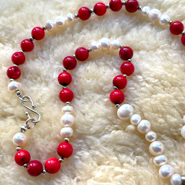 Crimson Serenity Mala: Pearl, Red Coral