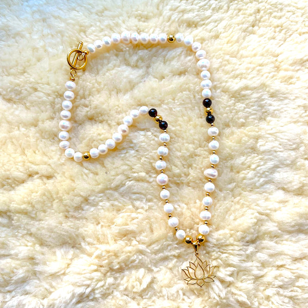 Divine Bloom Mala: Pearl, Red Garnet