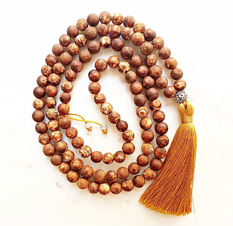 Aria Mala Atelier's unique one-of-a-kind brown fire agate gemstone meditation japa mala is for yoga meditation spiritual daily practise intention
