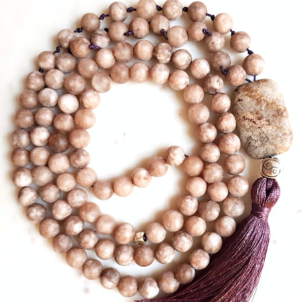 Aria Mala Atelier's unique one-of-a-kind smoky jade gemstone meditation japa mala with silver yin yang charm is for yoga meditation spiritual daily practise and intention setting