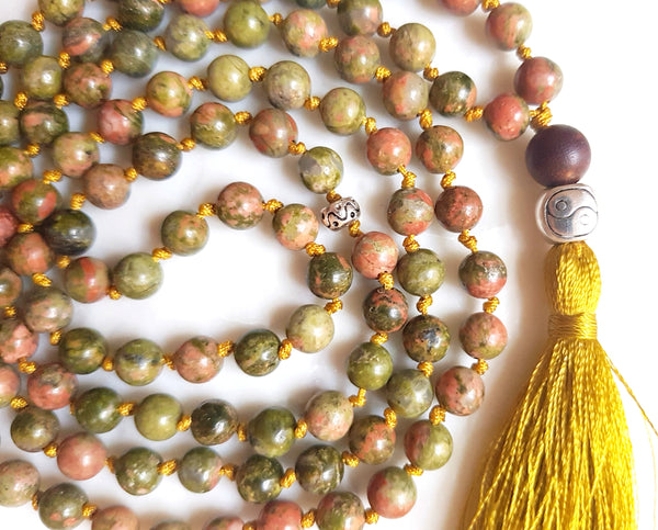 Aria Mala Atelier's unique one-of-a-kind knotted unakite gemstone meditation japa mala with silver yin yang charm is for yoga meditation spiritual daily practise 