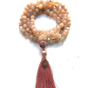 Aria Mala Atelier's unique one-of-a-kind Sunstone, Carnelian Agate gemstone mala with silver mandala charm is for yoga meditation empowering spiritual daily practise and intention setting