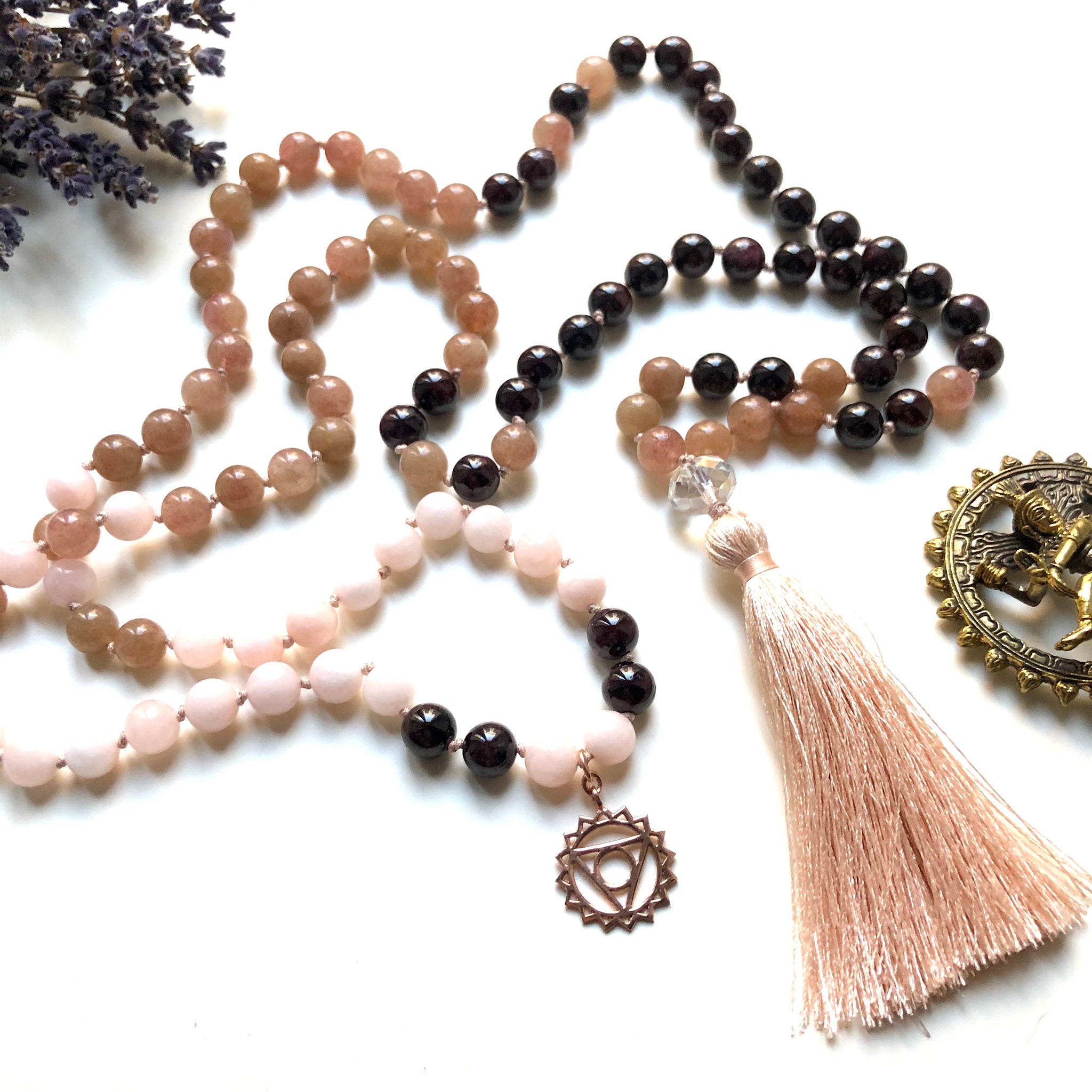 Garnet, Quartz, Jade 108 Beads Mala, Tassel Necklace, Yoga Jewelry, Meditation Beads