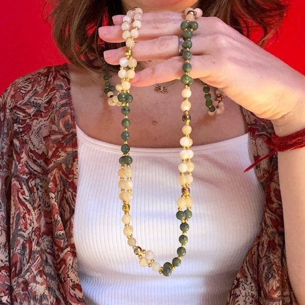 Tantric Mala Necklace: Jade, Calcite, Gold Beads 6 mm