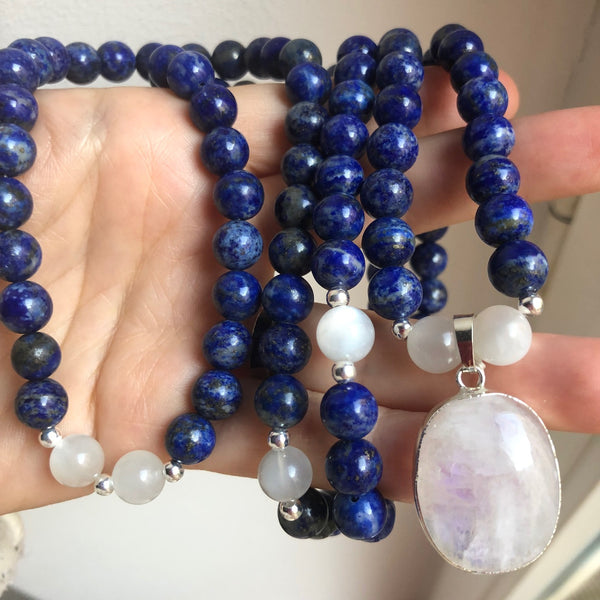 Custom Mala: Lapis Lazuli, Moonstone Mala Beads, Yoga Necklace