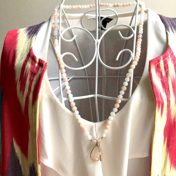 Morganite Beads, 108 Mala, White Moonstone Mala Necklace, Rose Quartz Charm