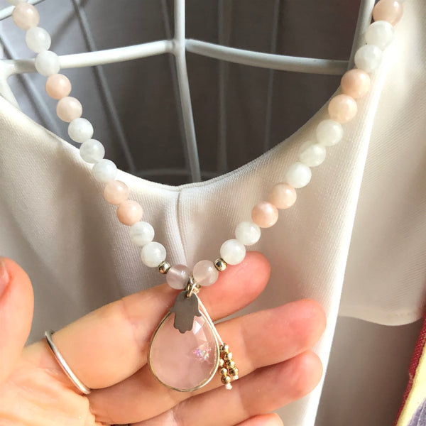Morganite Beads, 108 Mala, White Moonstone Mala Necklace, Rose Quartz Charm