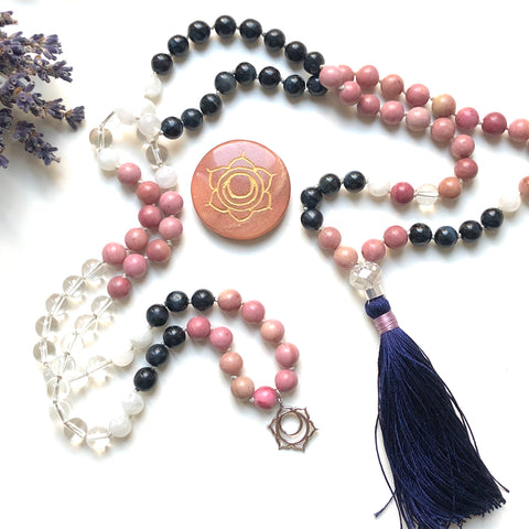 Blue Tiger Eye, Rhodonite, Moonstone, Quartz 108 Beads Mala, Tassel Necklace, Yoga Jewelry, Meditation Beads
