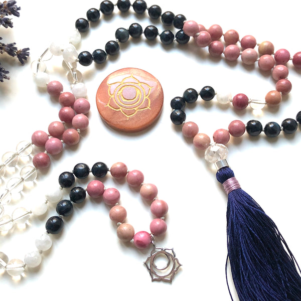 Blue Tiger Eye, Rhodonite, Moonstone, Quartz 108 Beads Mala, Tassel Necklace, Yoga Jewelry, Meditation Beads
