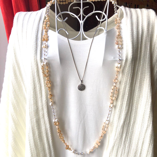 Tantric Mala Necklace: Sunstone, Pearl, Quartz 6 mm.