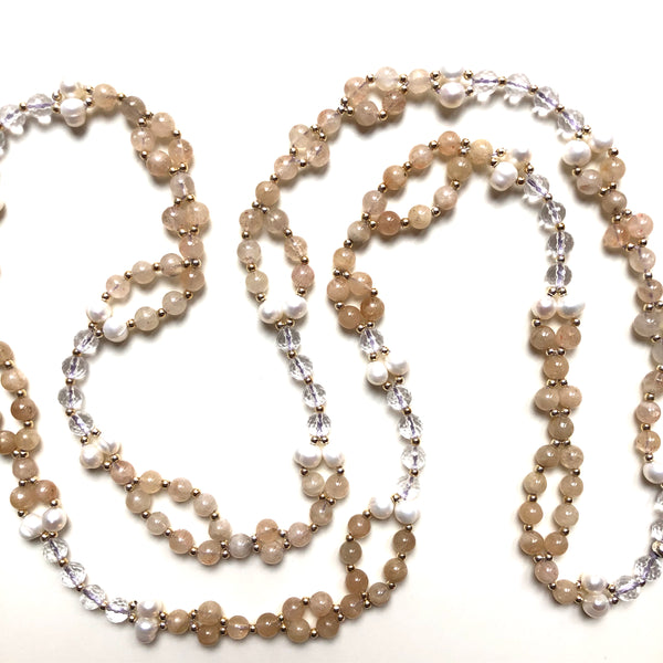 Tantric Mala Necklace: Sunstone, Pearl, Quartz 6 mm.