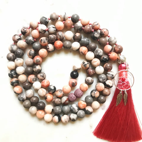 Aria Mala Atelier's unique one-of-a-kind zebra jasper gemstone meditation japa mala with silver charms is for yoga meditation, spiritual daily practise, intention setting
