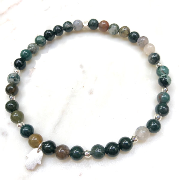 Aria Mala Atelier's unique one-of-a-kind Agate yoga anklet with sterling silver Hamsa (Fatima's Hand) charm for spiritual living and mindfulness practices