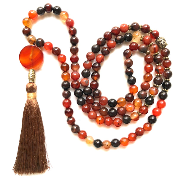 Aria Mala Atelier's unique one-of-a-kind brown agate gemstone meditation japa mala with copper buddha charm is for yoga meditation empowering spiritual daily practise intention setting and mindfulness practices