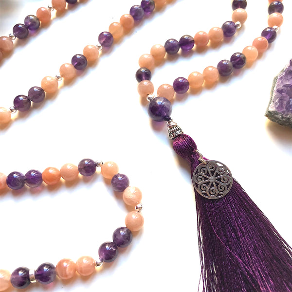 Aria Mala Atelier's unique one-of-a-kind rose Moonstone, amethyst gemstone meditation japa mala with sterling silver mandala charm is for yoga meditation empowering spiritual daily practise and intention setting