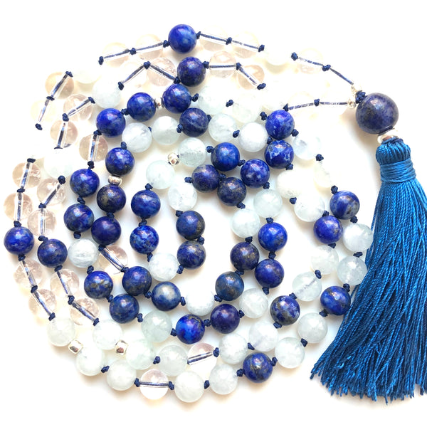 Aquamarine Mala Beads, Quartz Yoga Necklace, Lapis Lazuli 108 Mala Beads, Mala Kette
