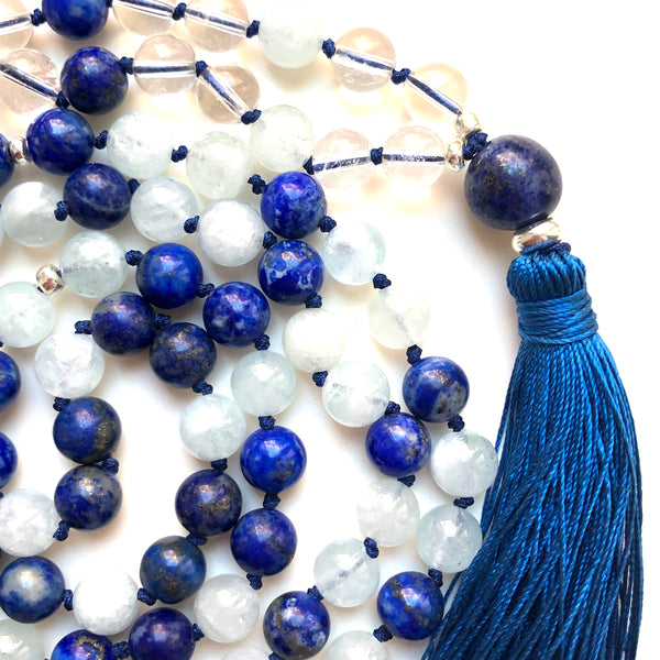 Aquamarine Mala Beads, Quartz Yoga Necklace, Lapis Lazuli 108 Mala Beads, Mala Kette