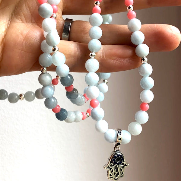 Aquamarine Mala Beads,  Hamsa with Evil Eye (Nazar), 108 Beads, Yoga Necklace