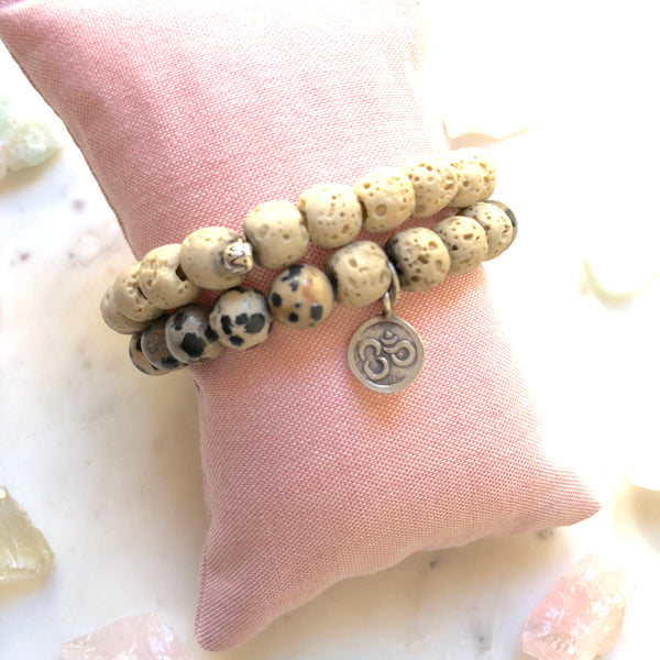 Aria Mala Atelier's unique one-of-a-kind Jasper and White Lava stone with OM charm for spiritual living