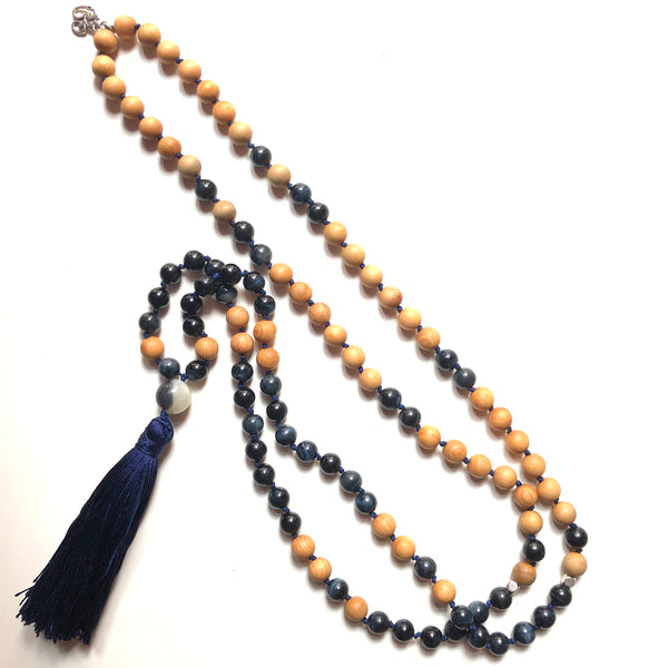 Blue Tiger's Eye Mala Beads, 108 Mala, Tassel Necklace, Yoga Jewelry, Meditation Beads