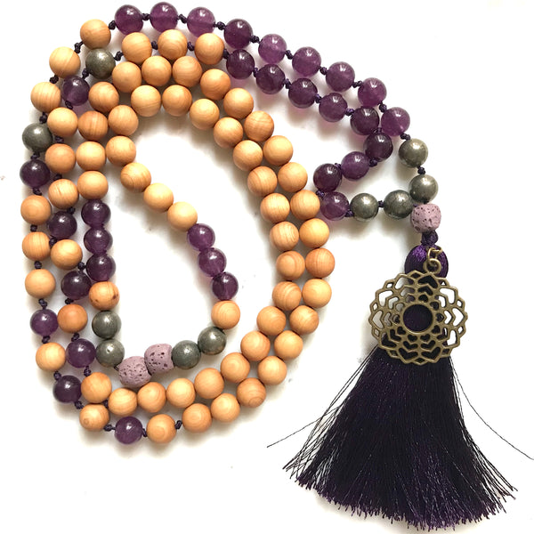 Aria Mala Atelier's unique one-of-a-kind Jade, Pyrite, Sandalwood  gemstone meditation japa mala with crown ( seventh ) chakra charm is for yoga meditation empowering spiritual daily practise and intention setting