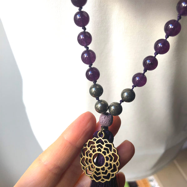 Jade Mala Beads, Pyrite Yoga Necklace, Sandalwood, Crown Chakra, Prayer Beads, 108 beads