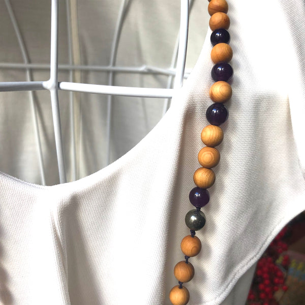Jade Mala Beads, Pyrite Yoga Necklace, Sandalwood, Crown Chakra, Prayer Beads, 108 beads
