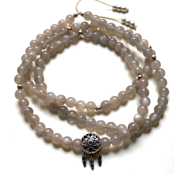 Gray Moonstone Beads, 108 Mala, Mala Necklace, Silver Dream Catcher Charm