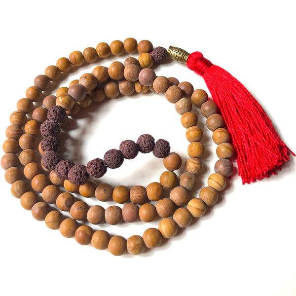 Jasper Mala Beads, Lavastone Yoga Necklace, 108 Beads Mala, Red Tassel, Brown Mala