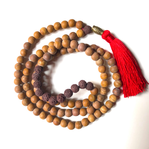 Jasper Mala Beads, Lavastone Yoga Necklace, 108 Beads Mala, Red Tassel, Brown Mala