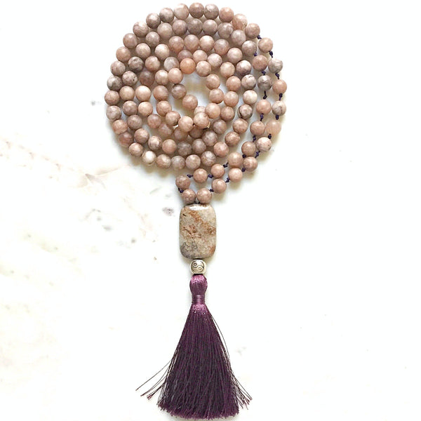 Aria Mala Atelier's unique one-of-a-kind smoky jade gemstone meditation japa mala with silver yin yang charm is for yoga meditation spiritual daily practise and intention setting