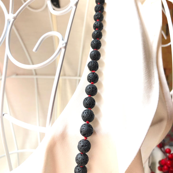 Black Lavastone Mala Beads, Knotted Yoga Necklace, 108 Beads Mala, Red Tassel