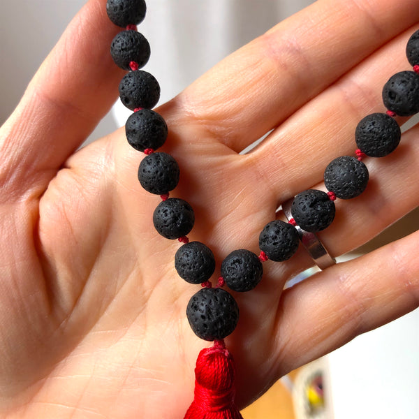 Black Lavastone Mala Beads, Knotted Yoga Necklace, 108 Beads Mala, Red Tassel