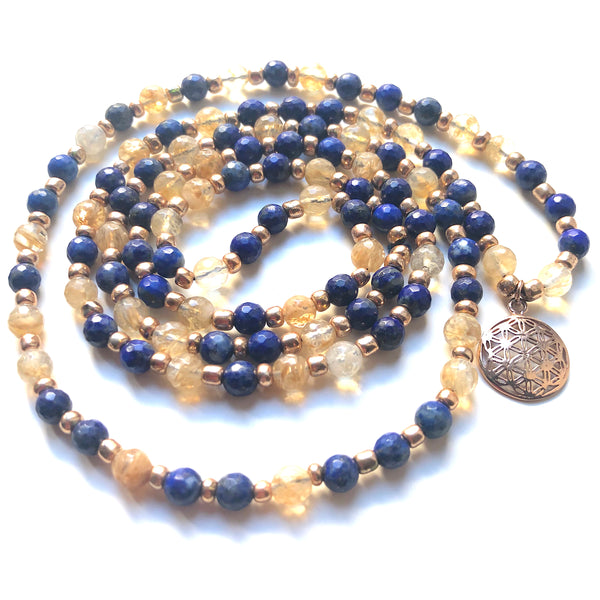 Lapis Lazuli Mala Beads, Citrine Mala Necklace, Flower of Life, Yoga Jewelry, Meditation Beads