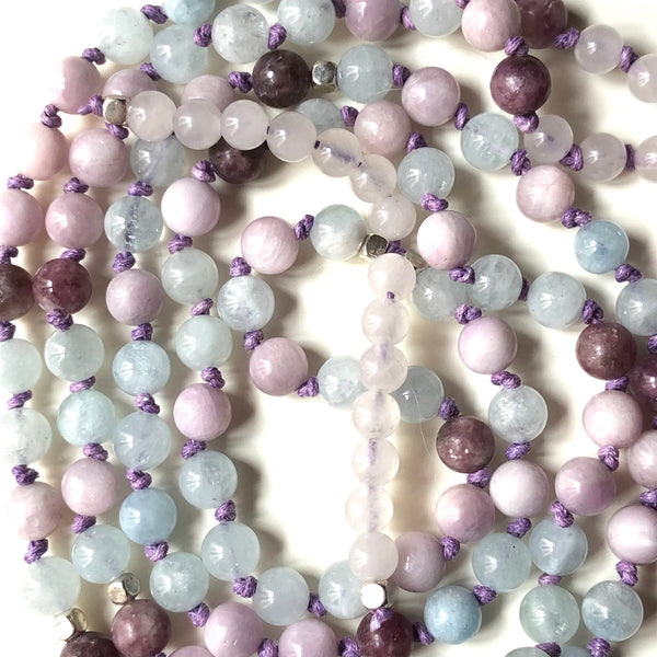 Lepidolite Mala Beads, Kunzite 108 Mala, Aquamarine Mala Necklace, Leather Tassel, Yoga Jewelry