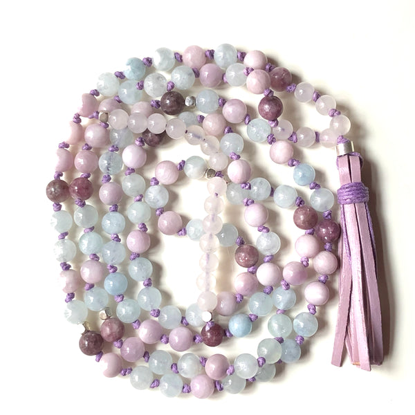 Lepidolite Mala Beads, Kunzite 108 Mala, Aquamarine Mala Necklace, Leather Tassel, Yoga Jewelry