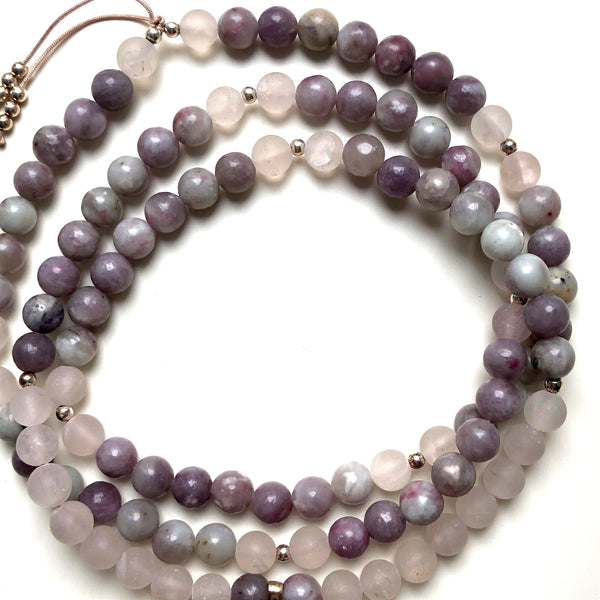 Lepidolite Beads, 108 Mala, Matte Rose Quartz Mala Necklace, Tree of Life Charm